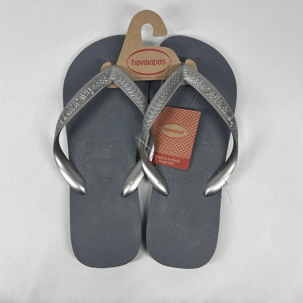 Havaianas Metallic Silver Grey Flip Flops NWT Logo Rubber Sandals USA 9/10W
